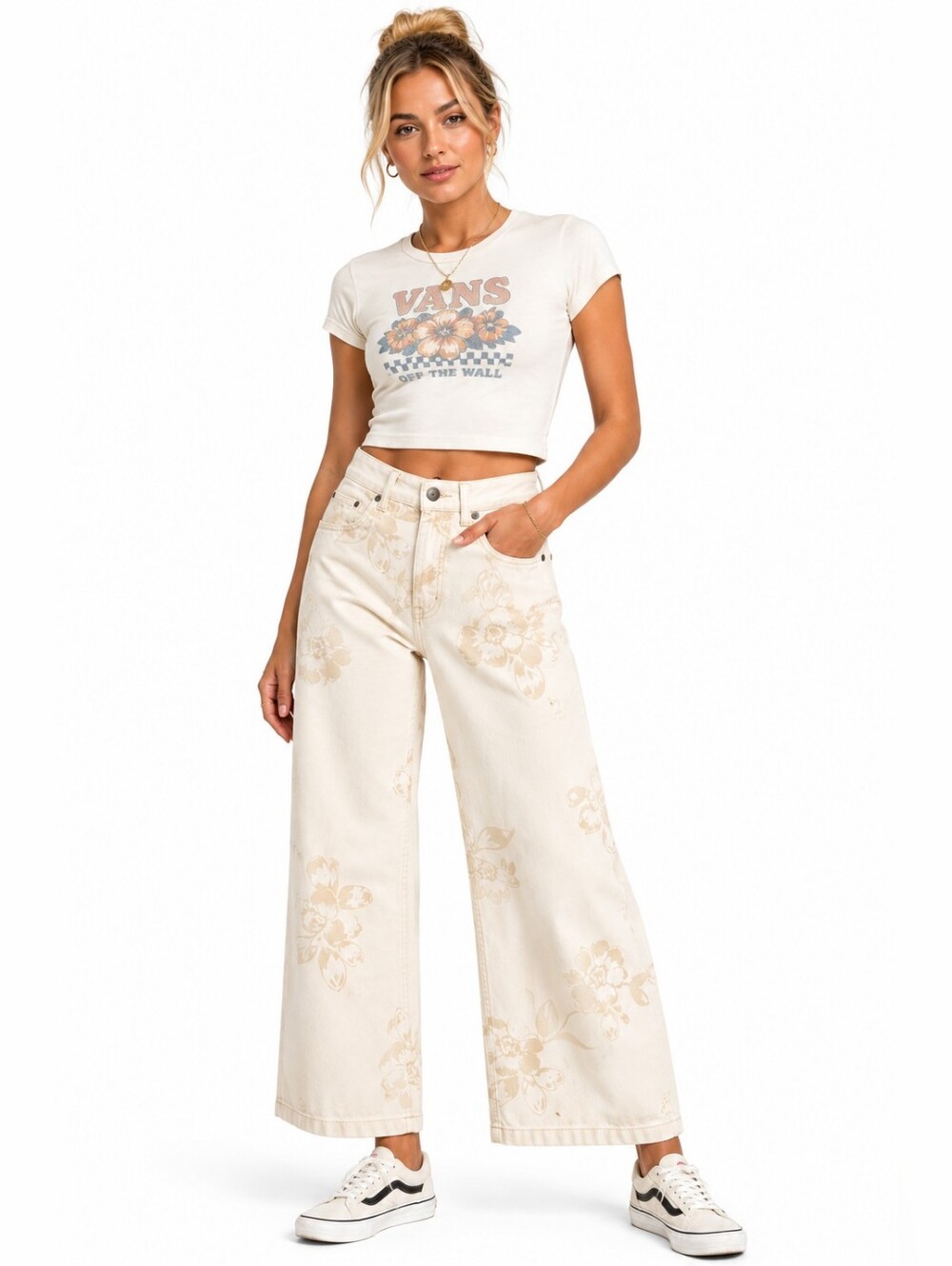 Vans Floral Print Wide Leg Jeans Cream Beige High Rise Denim Pants Women's 24